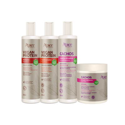 Kit Vegan e Cachos - Shampoo Vegan, Condicionador Vegan, Gelatina Cachos e Ativador Cachos (4 ITENS)