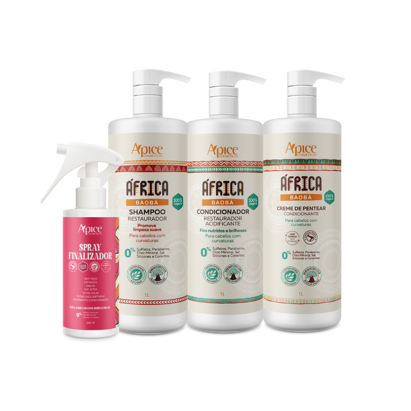 Kitão África Baobá - Shampoo, Condicionador, Creme de Pentear e Spray Finalizador (4 ITENS)