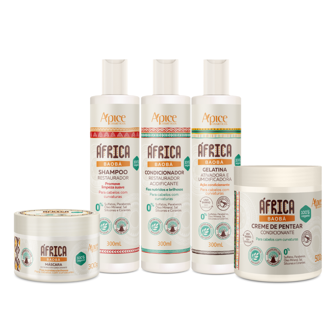 Kit África Baobá - Shampoo, Condicionador, Gelatina, Máscara e Creme de Pentear (5 ITENS)