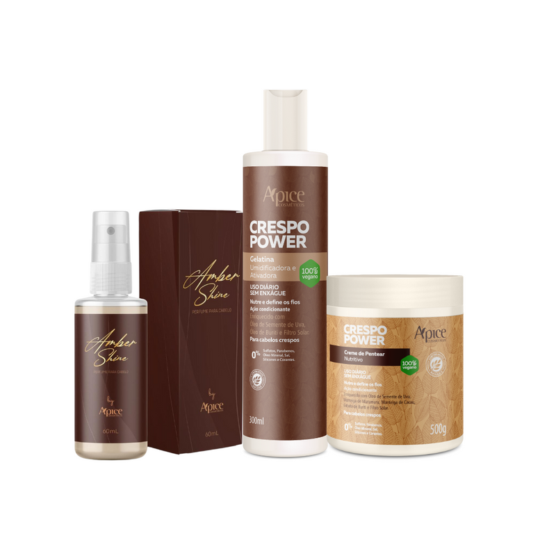 Kit Creme de Pentear Crespo Power, Gelatina Ativadora Crespo Power e Perfume Amber Shine (3 itens)