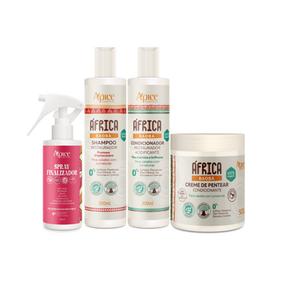 Kit África Baobá - Shampoo, Condicionador, Creme de Pentear e Spray Finalizador (4 ITENS)