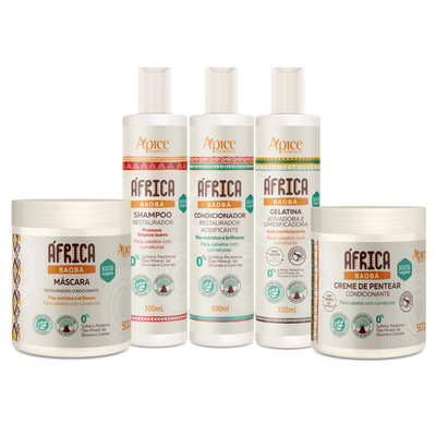 Kit África Baobá - Shampoo, Condicionador, Gelatina, Máscara e Creme de pentear (5 ITENS)