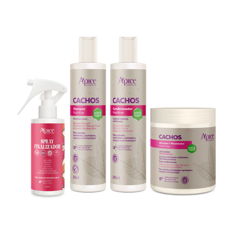 Kit Cachos - Shampoo, Condicionador, Ativador e Modelador e Spray Finalizador (4 ITENS)